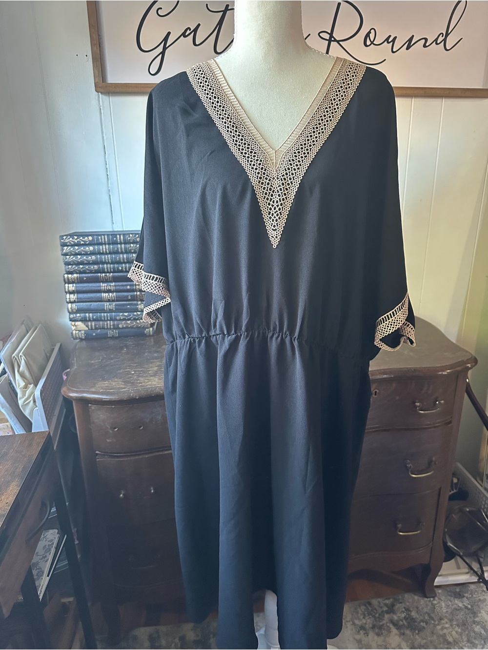 SHEIN Black Midi Dress with Cream Crochet Trim
